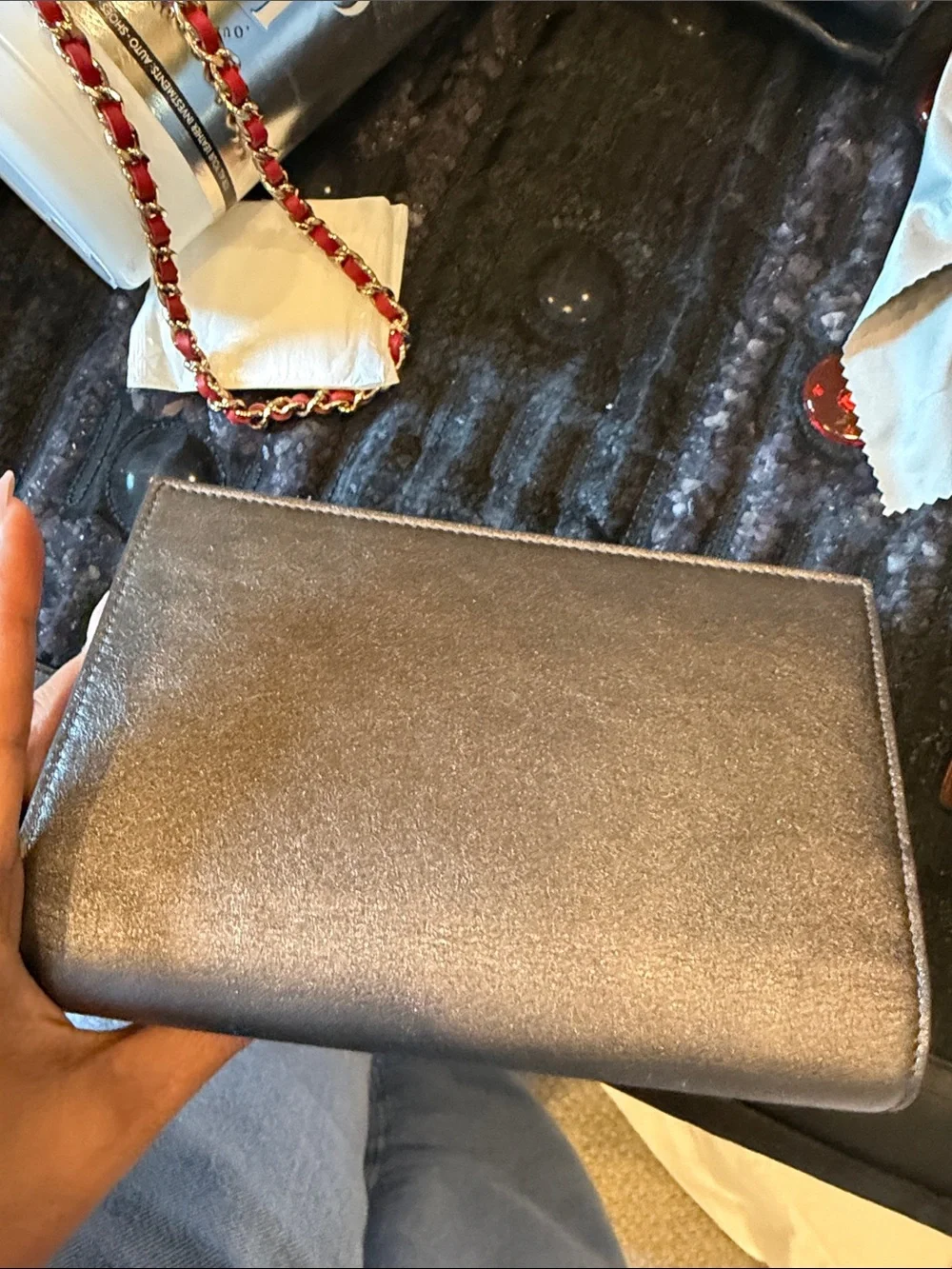Saint Laurent Metallic Silver Tassel Monogram Clutch